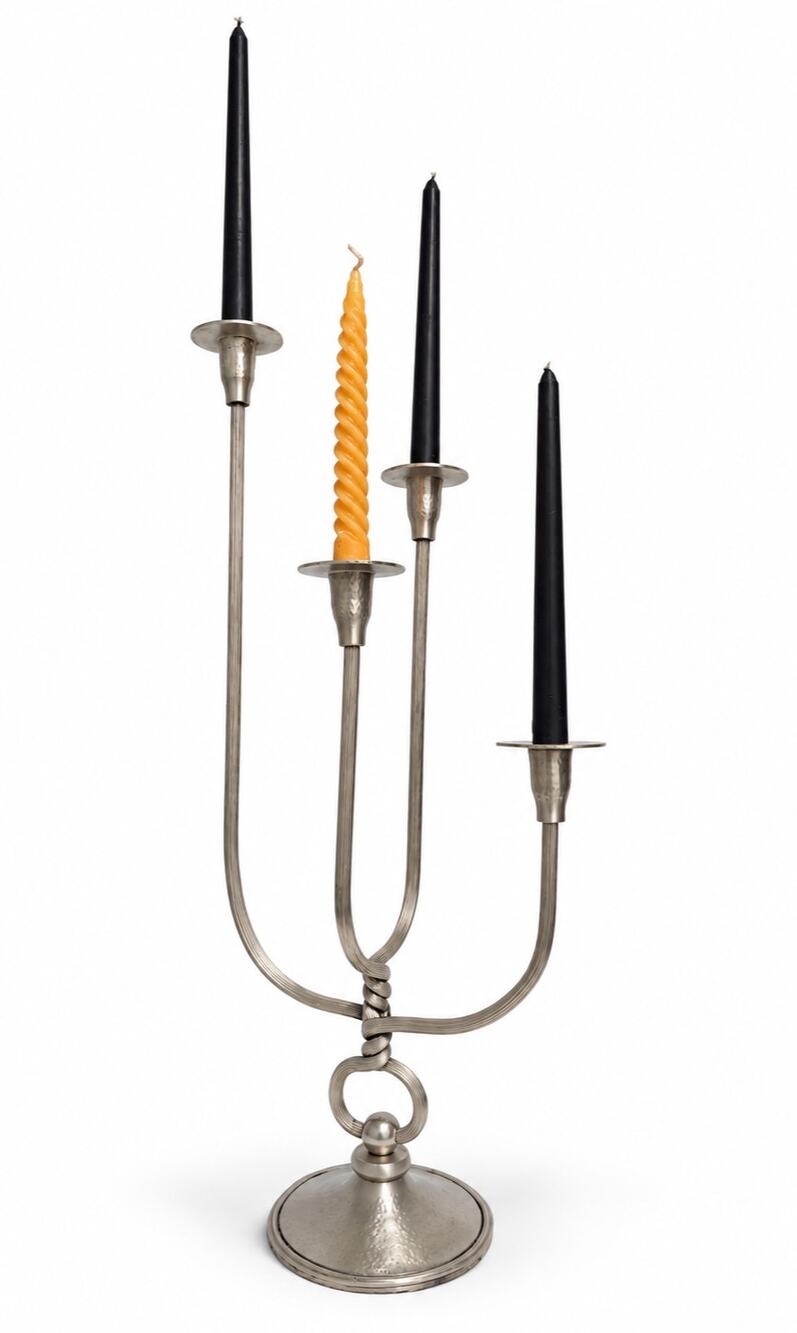 Silver Tone Four Arm Candelabra Candle Holder 24" Tall Abstract Sculptural